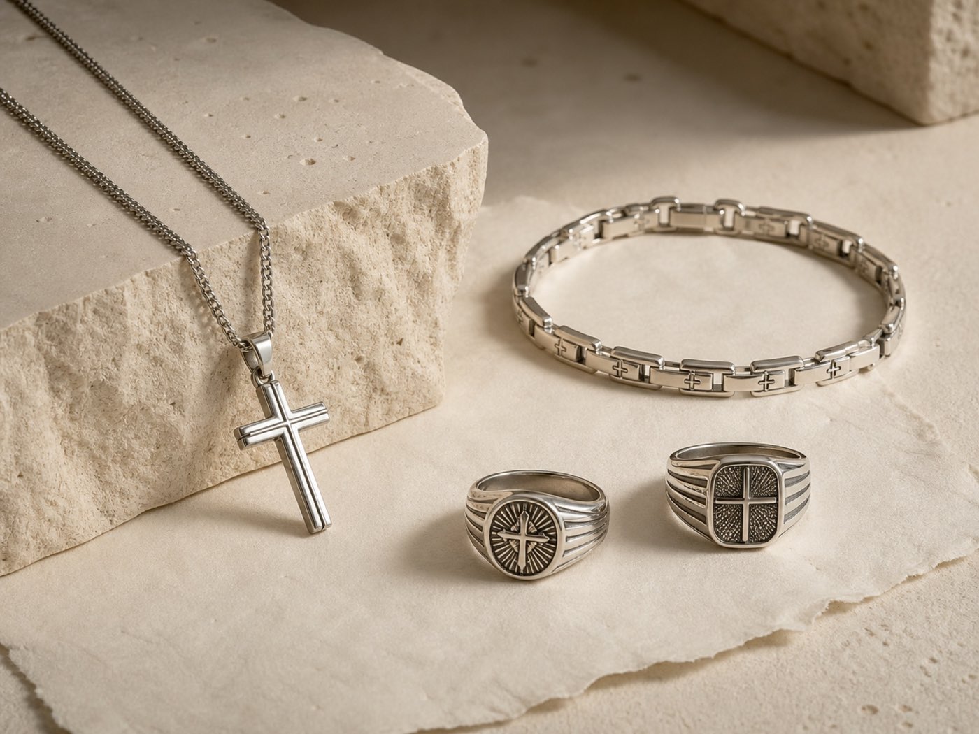 Silver faith-inspired rings on warm limestone