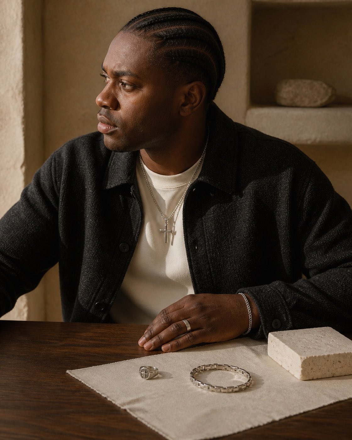 Dark-skinned man with cornrows previewing silver Kairos jewelry at a walnut table